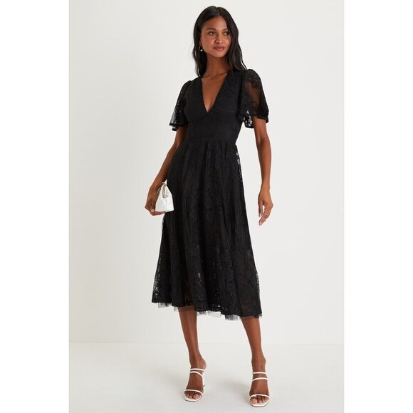 Lulus Chic Glamour Black Lace Cutout Flutter Sleeve Midi Dress - Size M - Picture 1 of 5